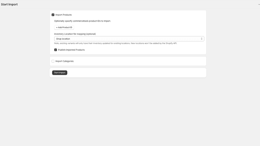 Start import screen