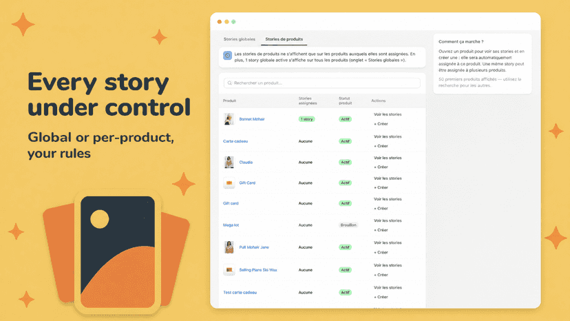 Manage global stories and stories assigned to products