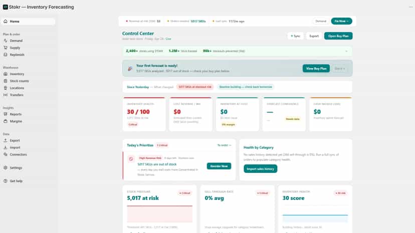 Stokr home page displaying inventory health