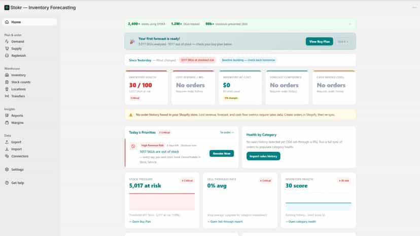 Stokr Home page showing inventory health