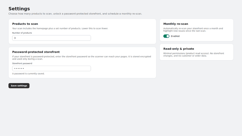 Settings for products to scan and storefront password