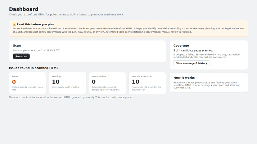 Dashboard showing scan coverage and accessibility findings