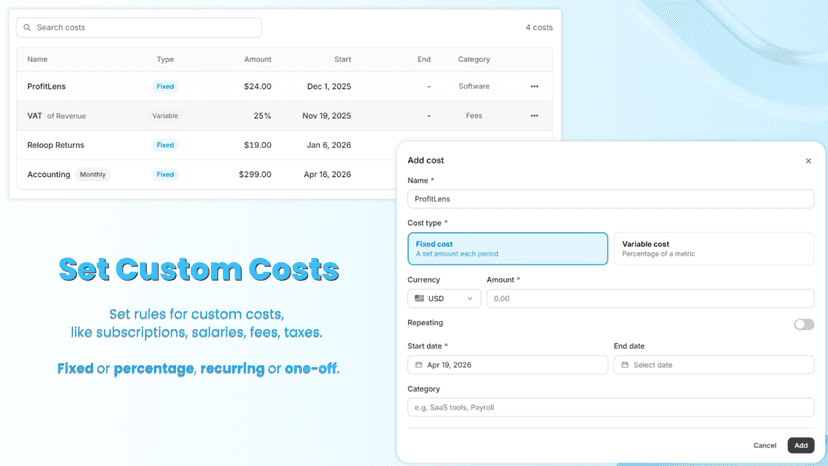 Custom costs: subscriptions, salaries, fees, fixed or percent