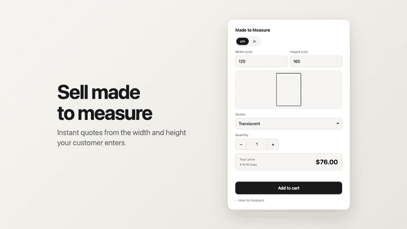 Made to Measure Shopify app widget displaying custom pricing.
