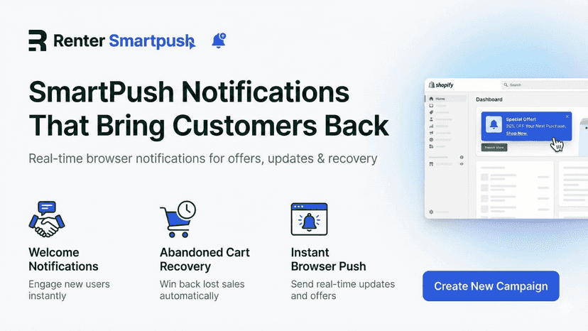 Retner SmartPush Shopify app dashboard banner showing browser pu
