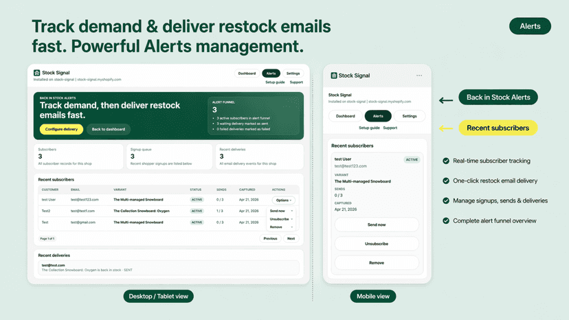 Alerts page showing subscriber and notification controls