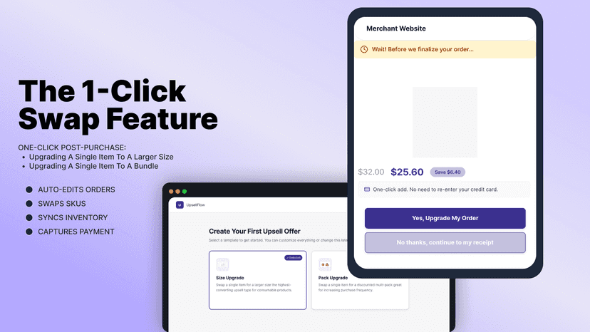 Dashboard settings and checkout one-click product swap page.