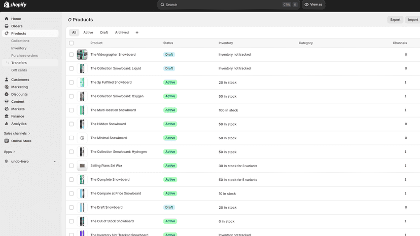 Successfully recovered inventory in the Shopify admin.