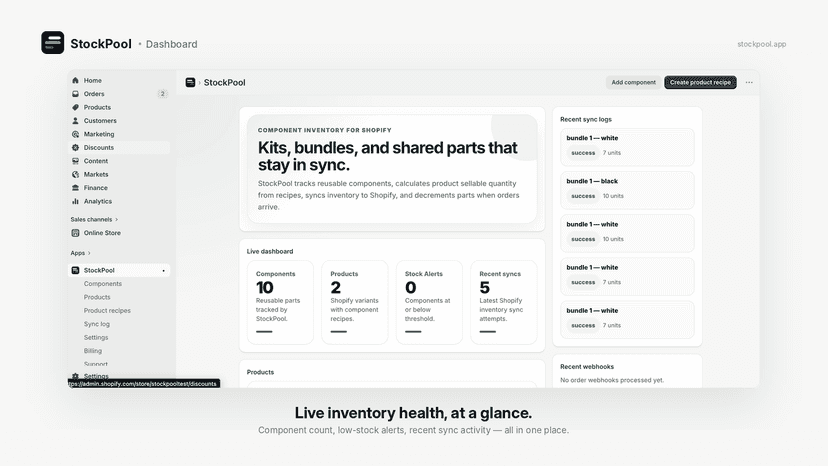 StockPool dashboard with inventory sync metrics