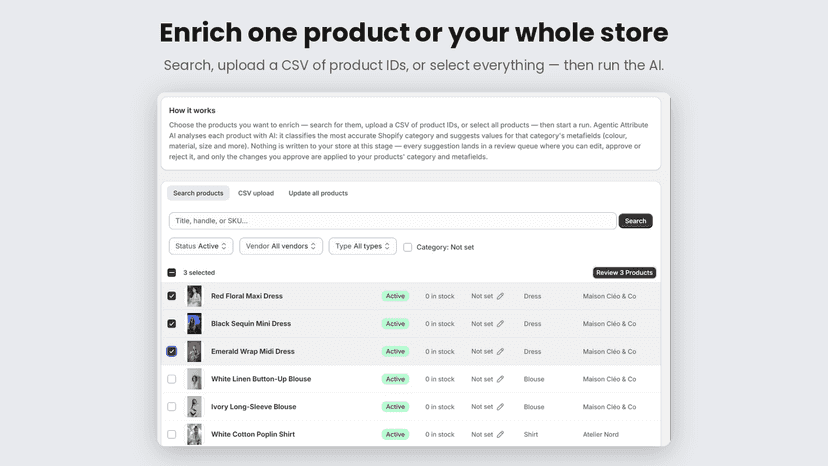 Product list with three dresses selected for AI tagging