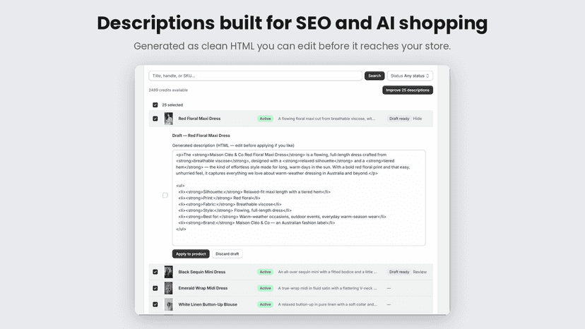 AI-generated HTML product description draft, ready to apply
