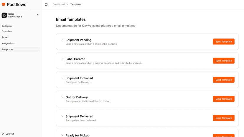 Templates page showing all different events