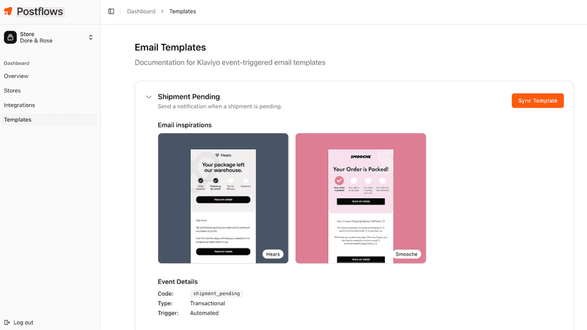 Postflows dashboard “Templates” page showing email templates