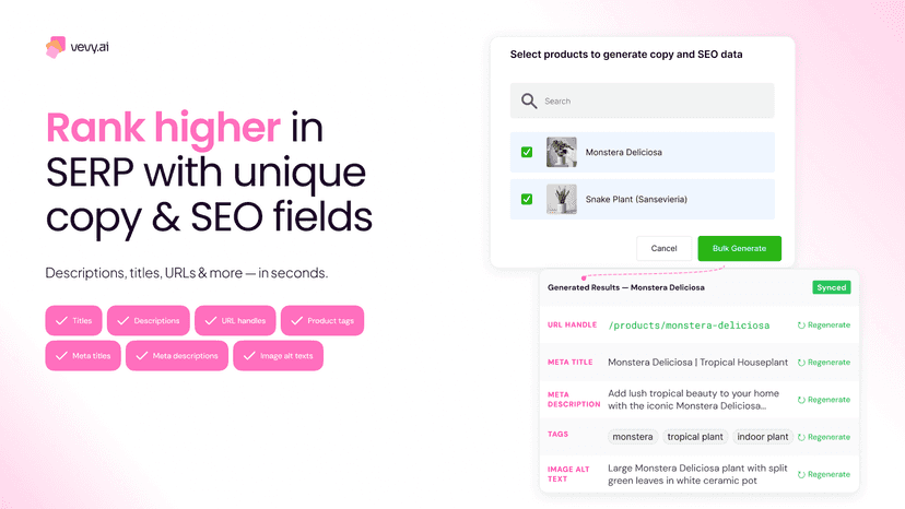 Generate url slug, unique titles, product description, meta data