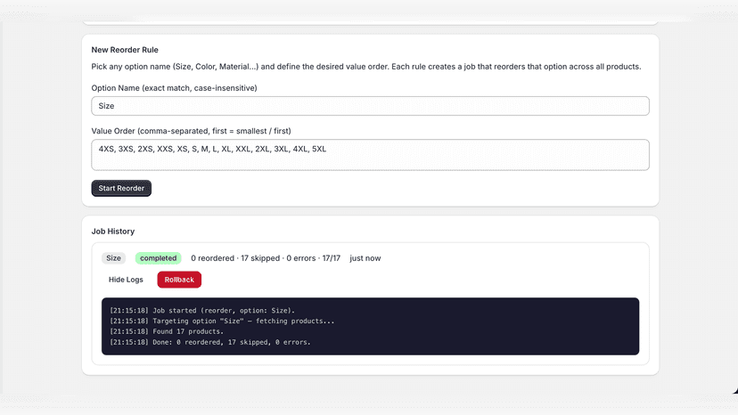 Reorder variant values by custom order and view job history