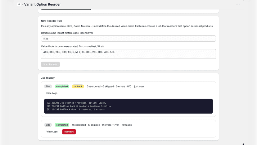 Reorder variant values by custom order and view job history
