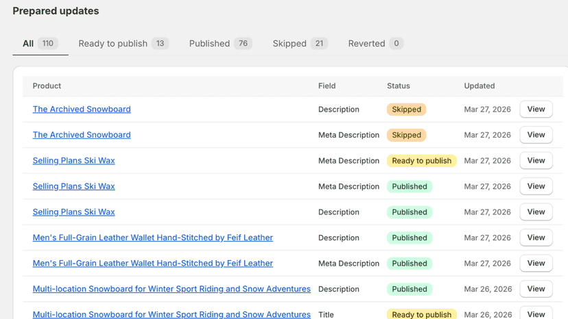 Beaconed prepared updates with publish, skip, and review