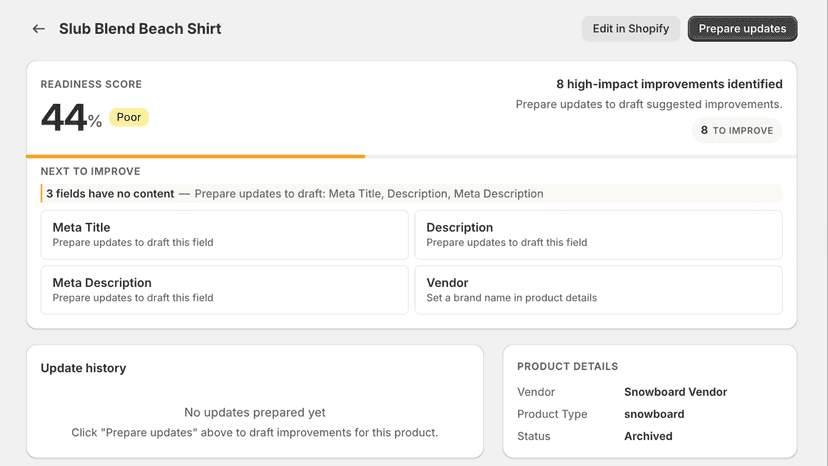 Beaconed product AI readiness score with improvement recommendat