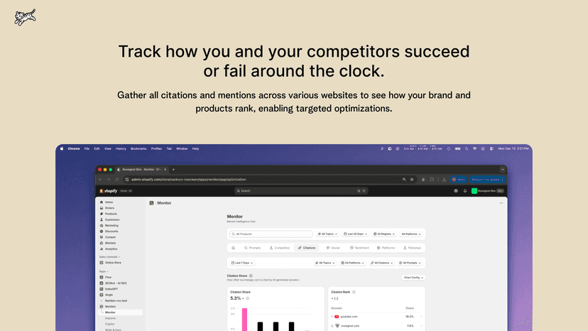 Naridon Monitor dashboard tracking brand citation and rankings.