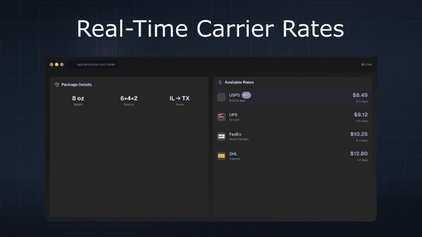 Screen displaying real-time carrier shipping rate comparisons.