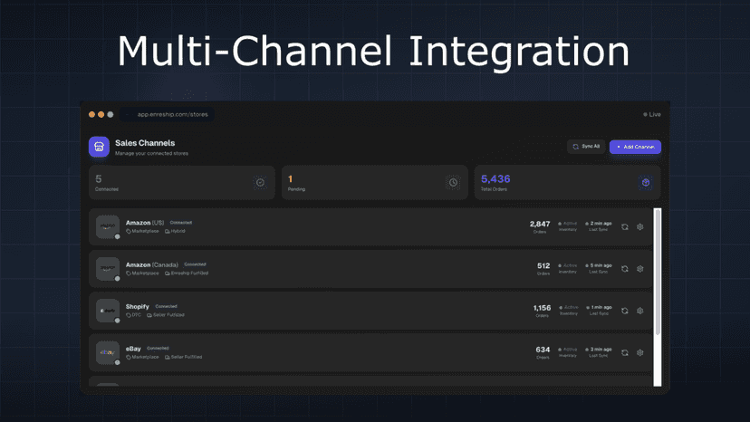 Multi-channel integration page managing connected sales stores.