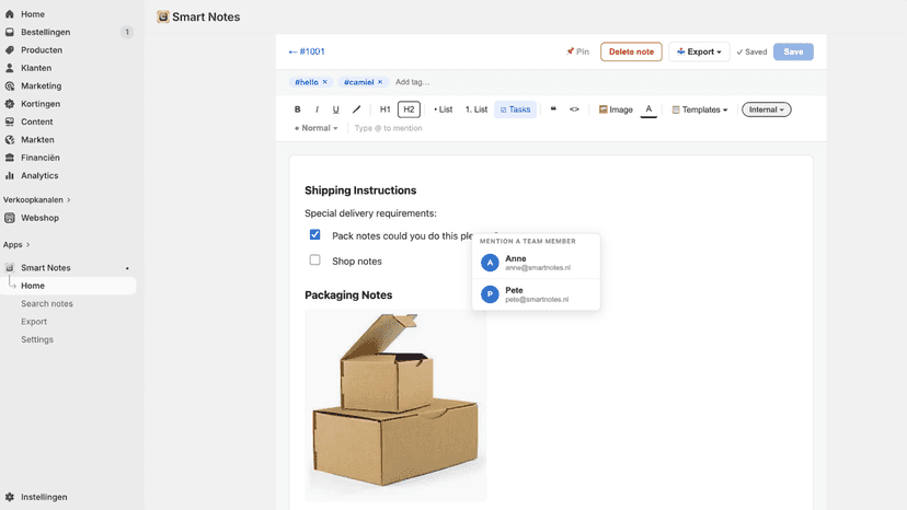 Rich text note editor with formatting toolbar on an order