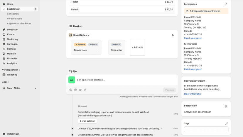 Smart Notes block showing categorized notes on an order page