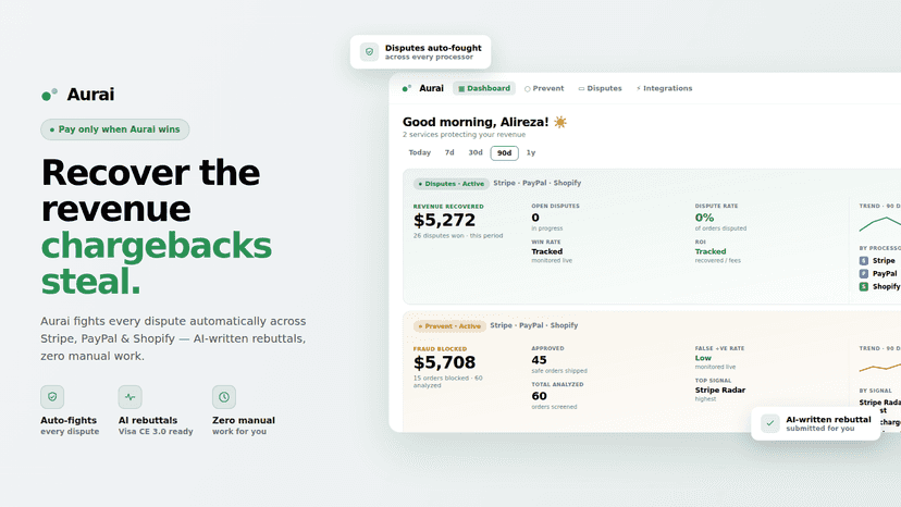 Chargeback recovery dashboard with win rate and revenue