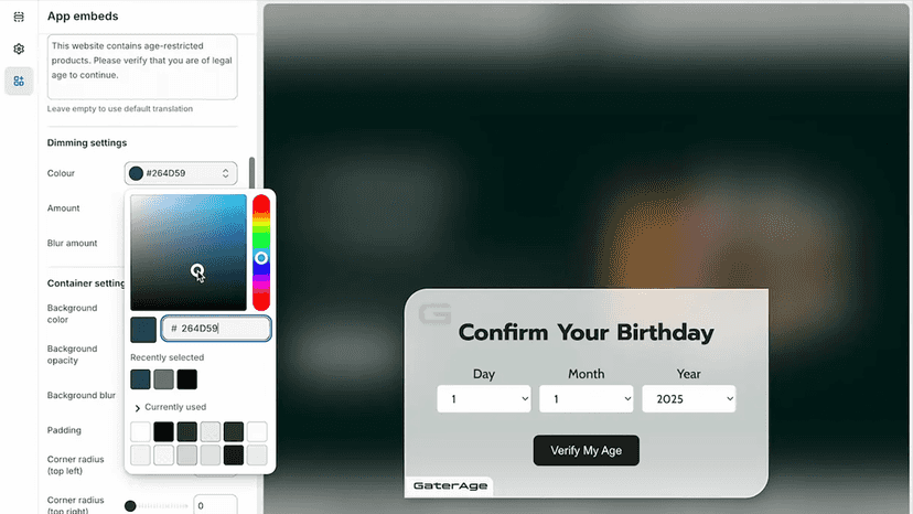 Screenshot of colour picker for storefront pop-up