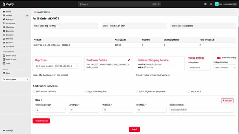 Novoxpress app displaying various shipping services.