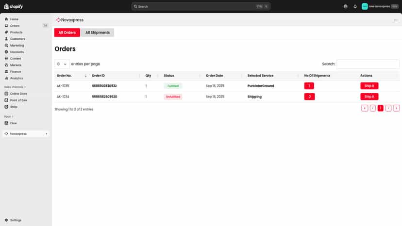 Novoxpress app showing Shopify order management.