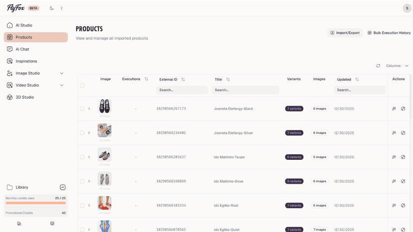 Products management screen listing imported products.