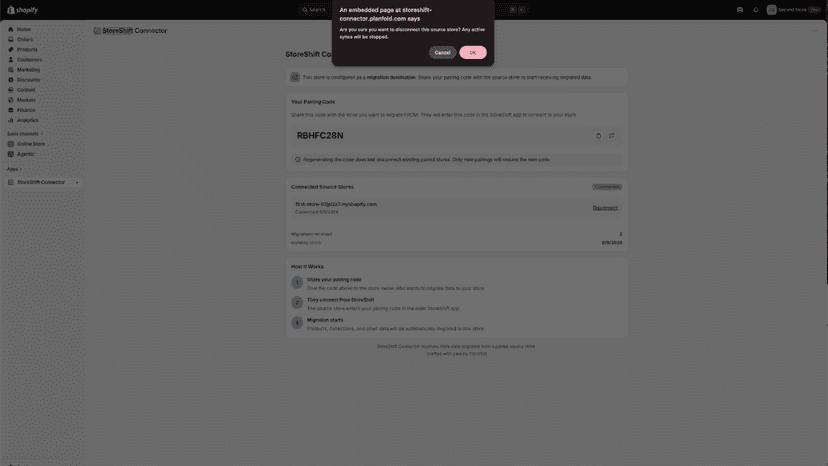 StoreShift Connector dashboard showing disconnect confirmation