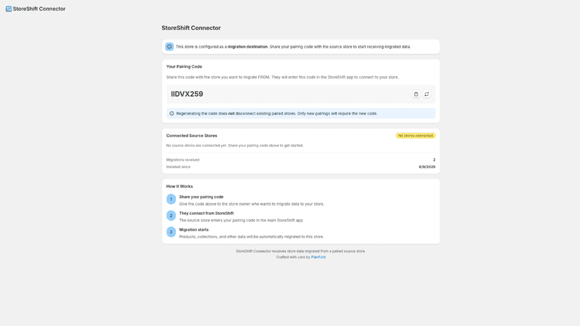 StoreShift Connector dashboard showing pairing code