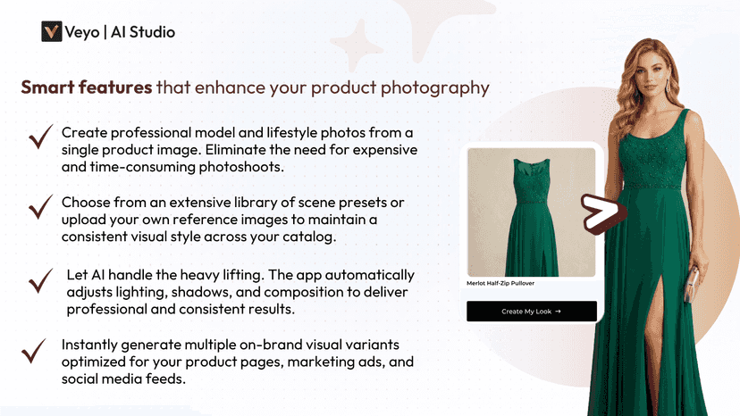 Veyo AI Studio features for professional product photos