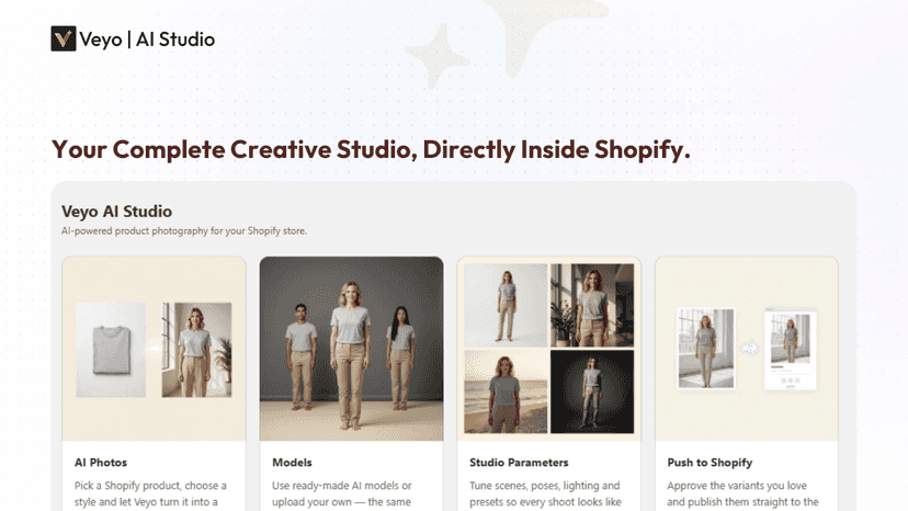 Veyo AI Studio dashboard for Shopify product photography