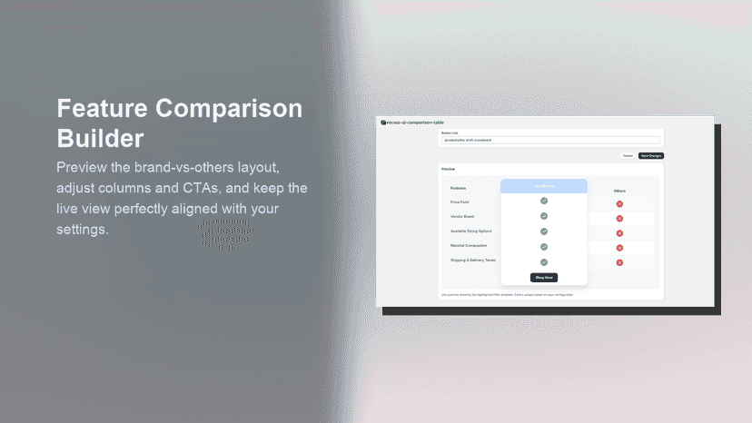 Feature comparison builder screen beside hero text.