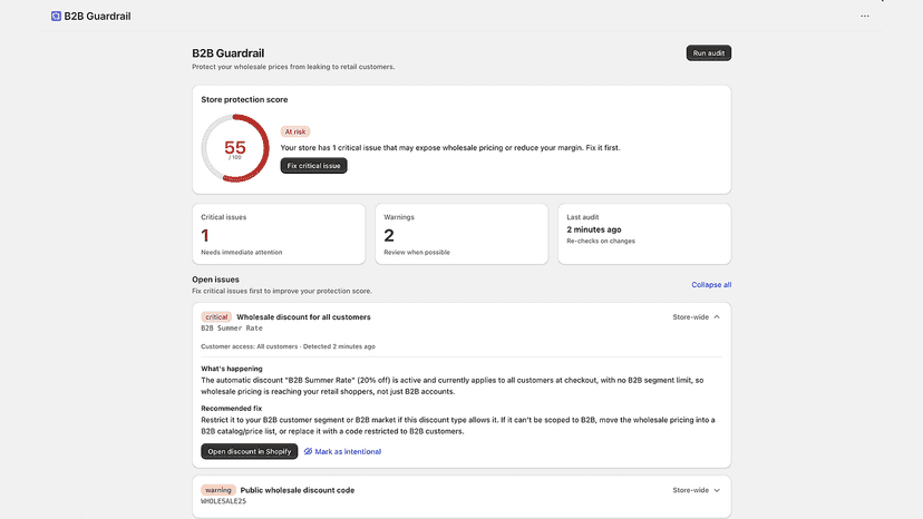 Critical finding expanded with explanation and fix link