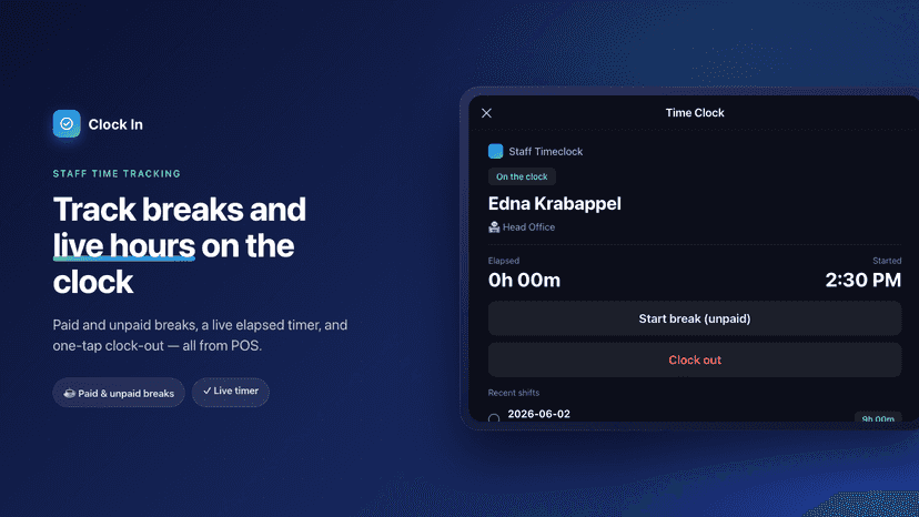 On-the-clock view with breaks and elapsed time