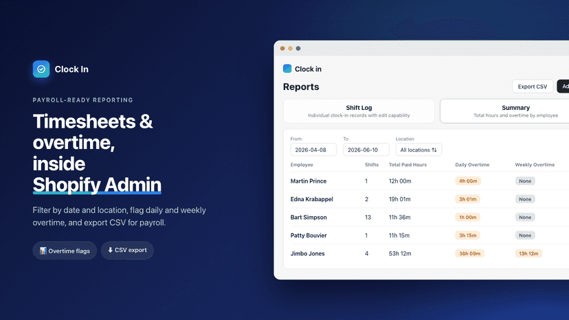 Timesheet report with overtime in Shopify Admin