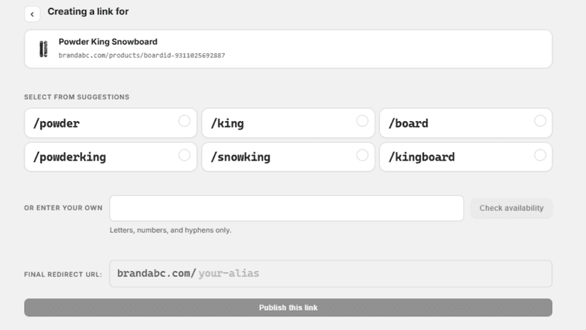 Alias suggestions screen for creating a product link