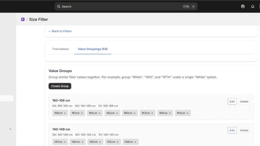Facetify - Filter group value configuration