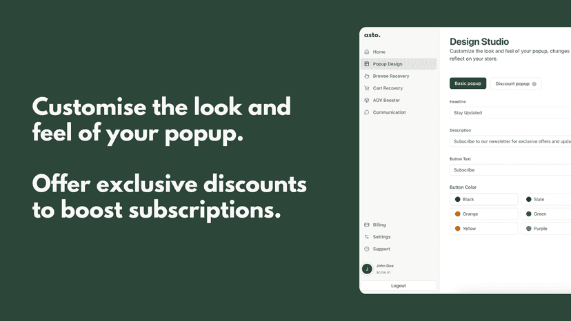 Popup design customization for discounts and subscriptions