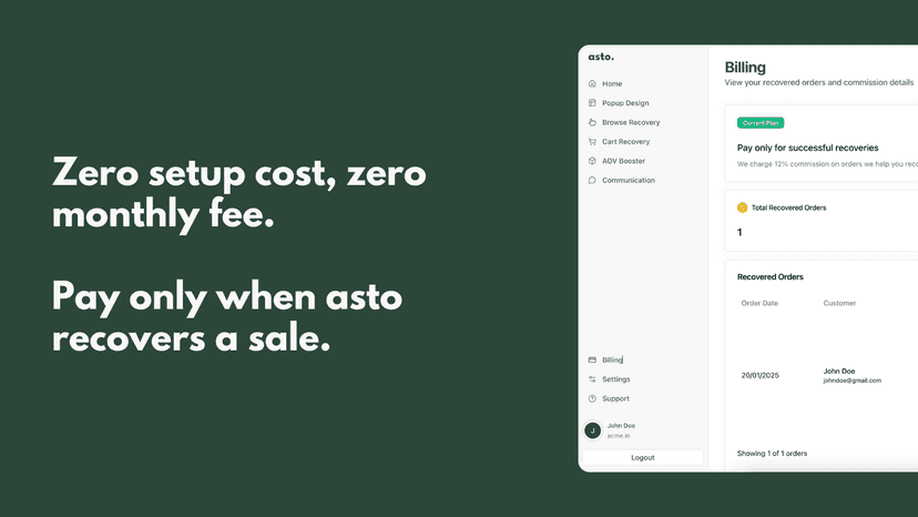 Zero setup cost, commission-based billing dashboard