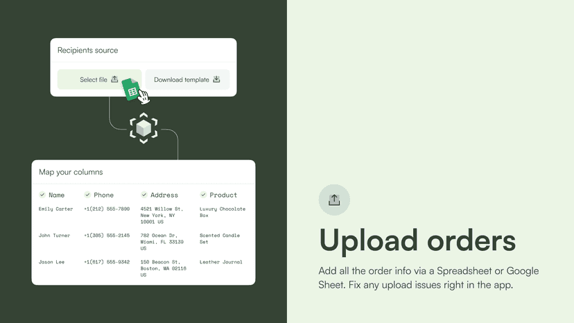 Upload 10s or 100s of orders with our intuitive spreadsheet tool