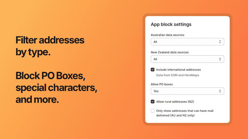 Filter addresses by type, block PO Boxes, special characters