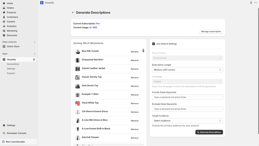 selected products list