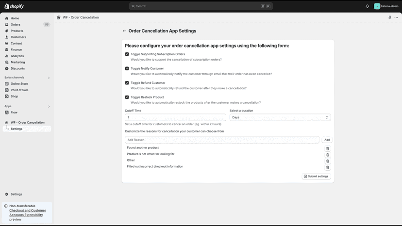 Configuration settings of extension