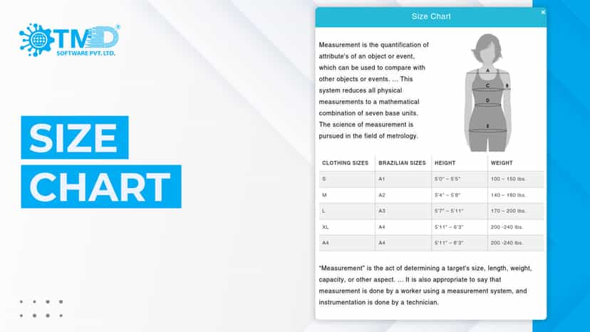 TMD Size chart for ecommerce merchant
