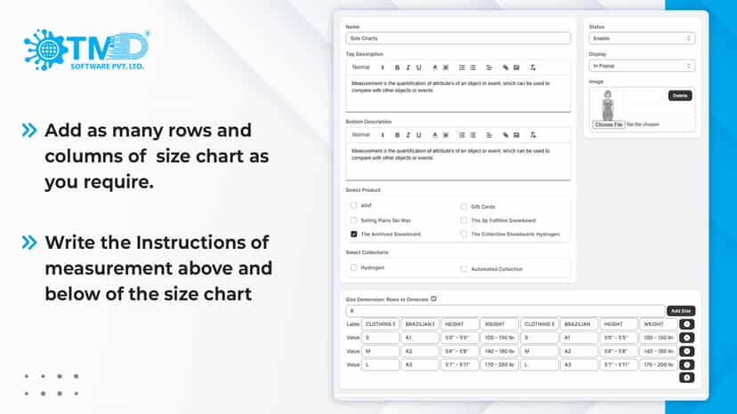Add as many rows and columns as you want in size chart